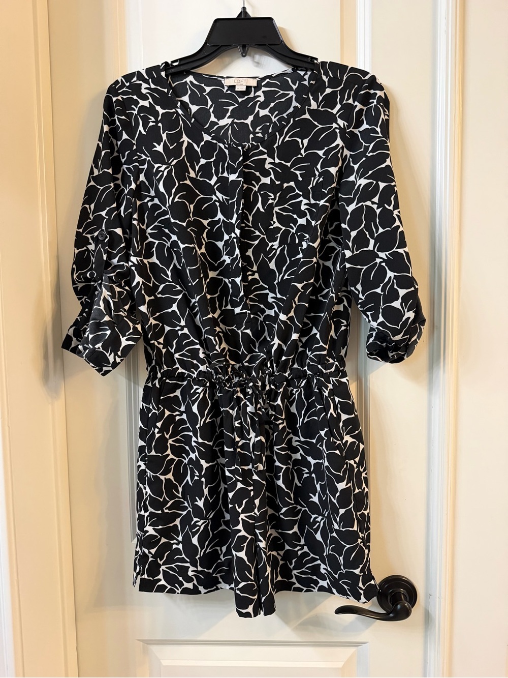 LOFT Black and White Floral Drawstring Romper